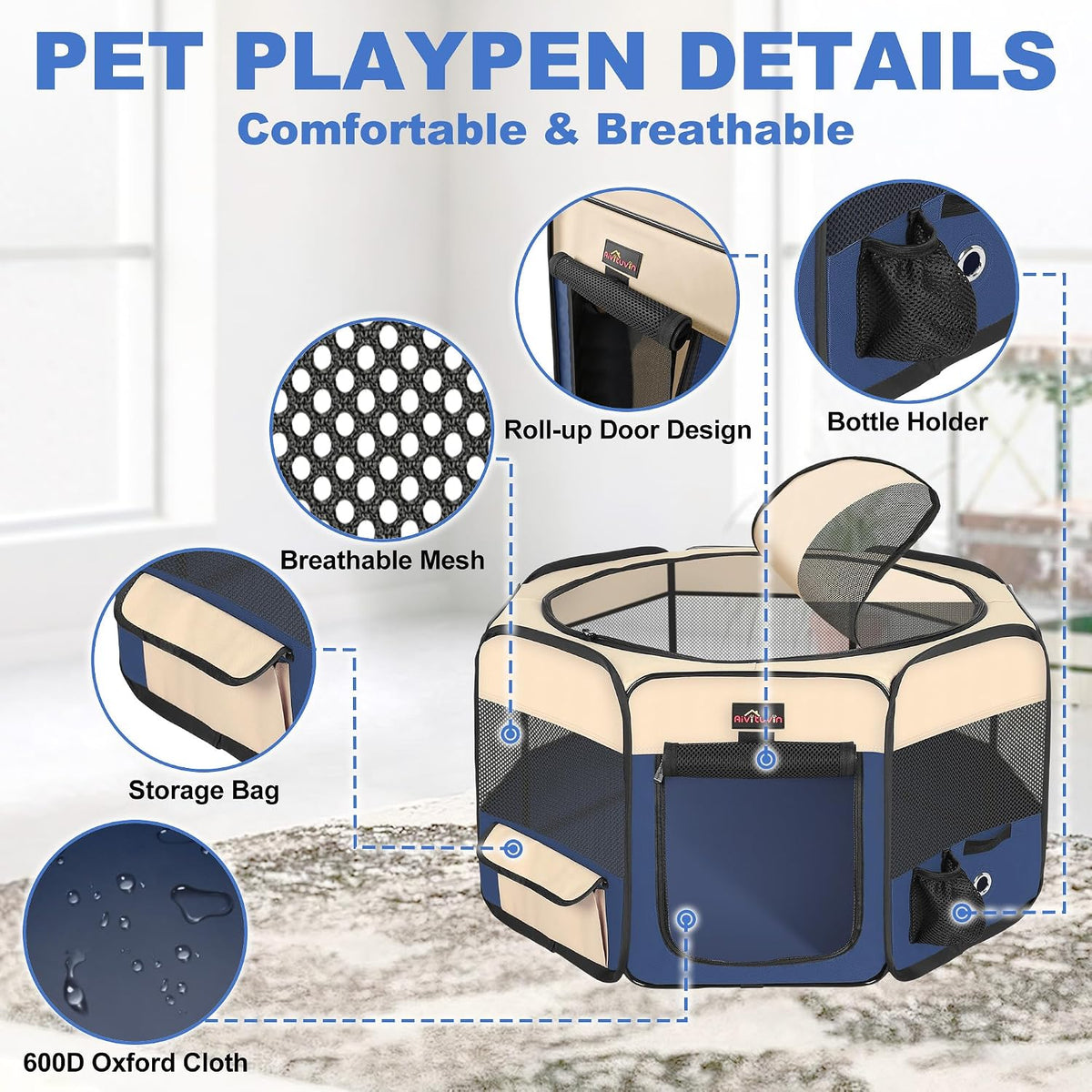 Aivituvin Dog Playpen, Foldable Pet Play Pens with Carrying Bag for Cat, Puppies, Rabbits, Portable - S / BLUE - image 2