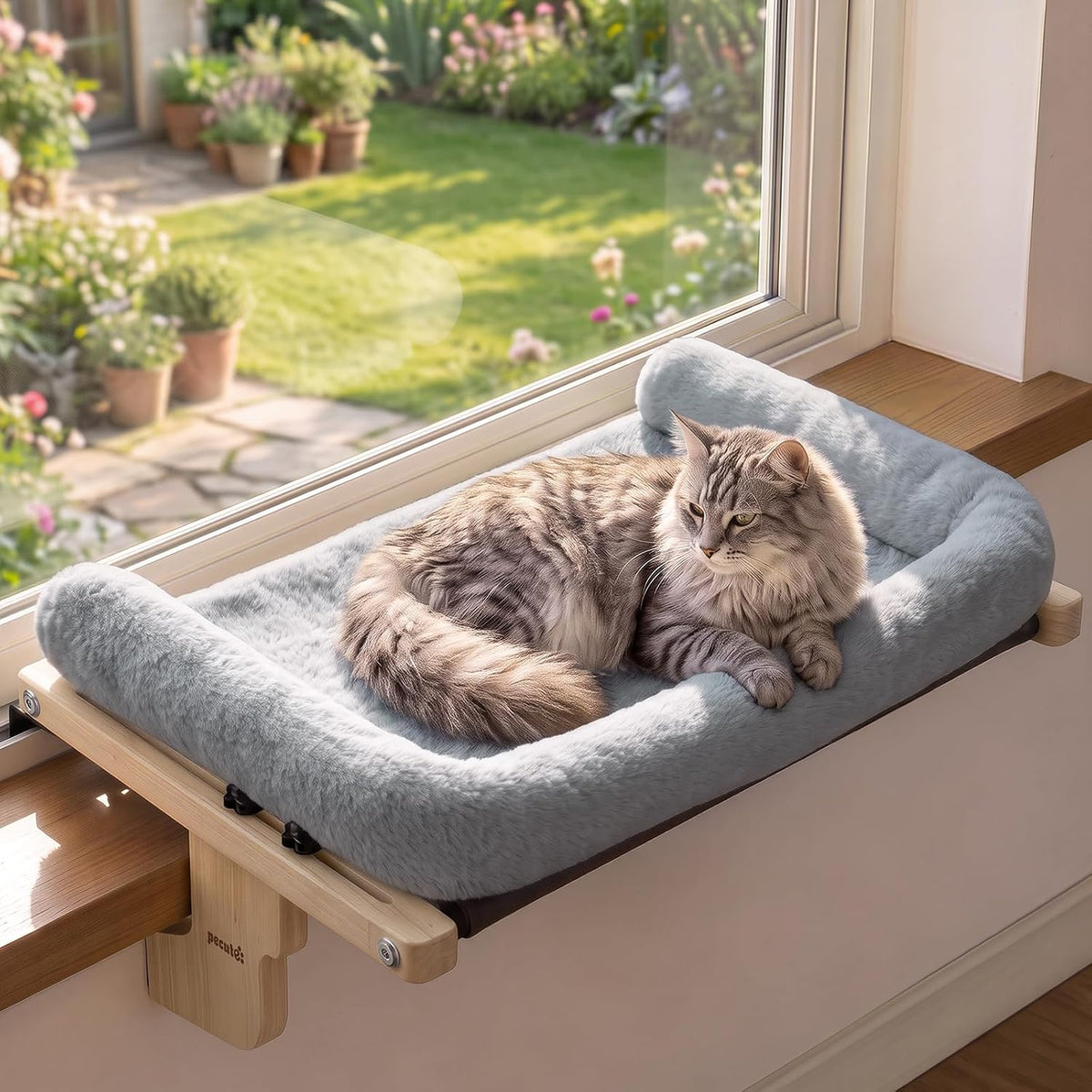 Pecute Cat Windowsill Perch, Cloud-Soft Cat Bed with Wood Frame - Grey / 24.8" x 14.9"