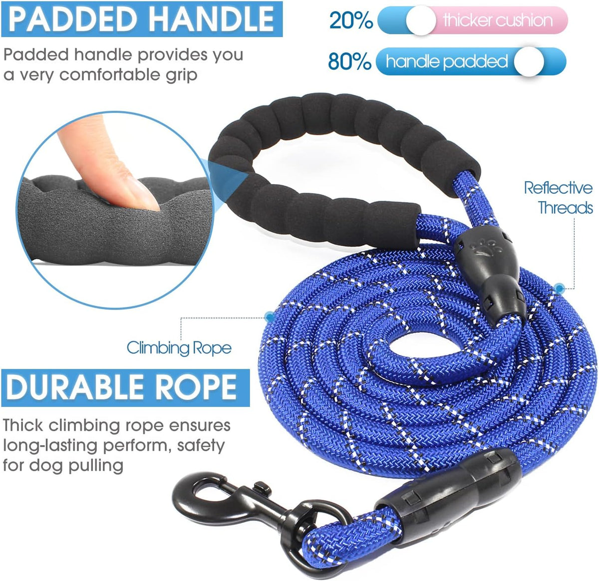 2/4/5/6 FT Dog Leash with Comfortable Padded Handle and Highly - 1/2'' x 5 FT / Navy Blue - image 2