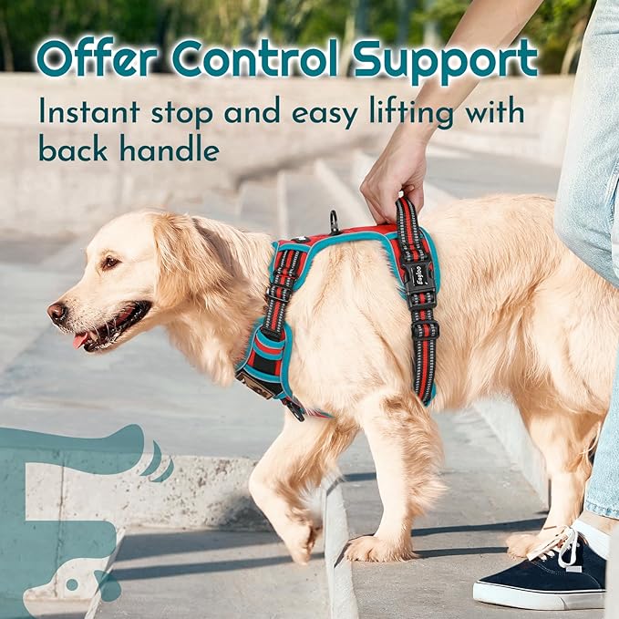 Eagloo Dog Harness for Large Dogs, Easy Wearing with 3 Buckles, Adjustable No Pull Pet Harness with 2 Rings for Walking, No Chock Reflective Soft Padded Vest with Control Handle, Red & Teal, L