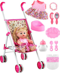GAGAKU foldable baby doll stroller with 12 inch doll and care accessories