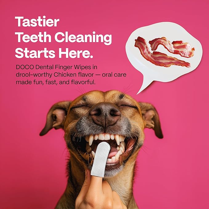DOCO Dog Teeth Cleaning Wipes Dental Finger Wipes for Cats & Dogs Remove Plaque & Tartar, Freshen Breath, No Rinse, Easy & Effective Pet Tooth Cleaning Kit for Oral Care, Bacon Flavor, 100 Count
