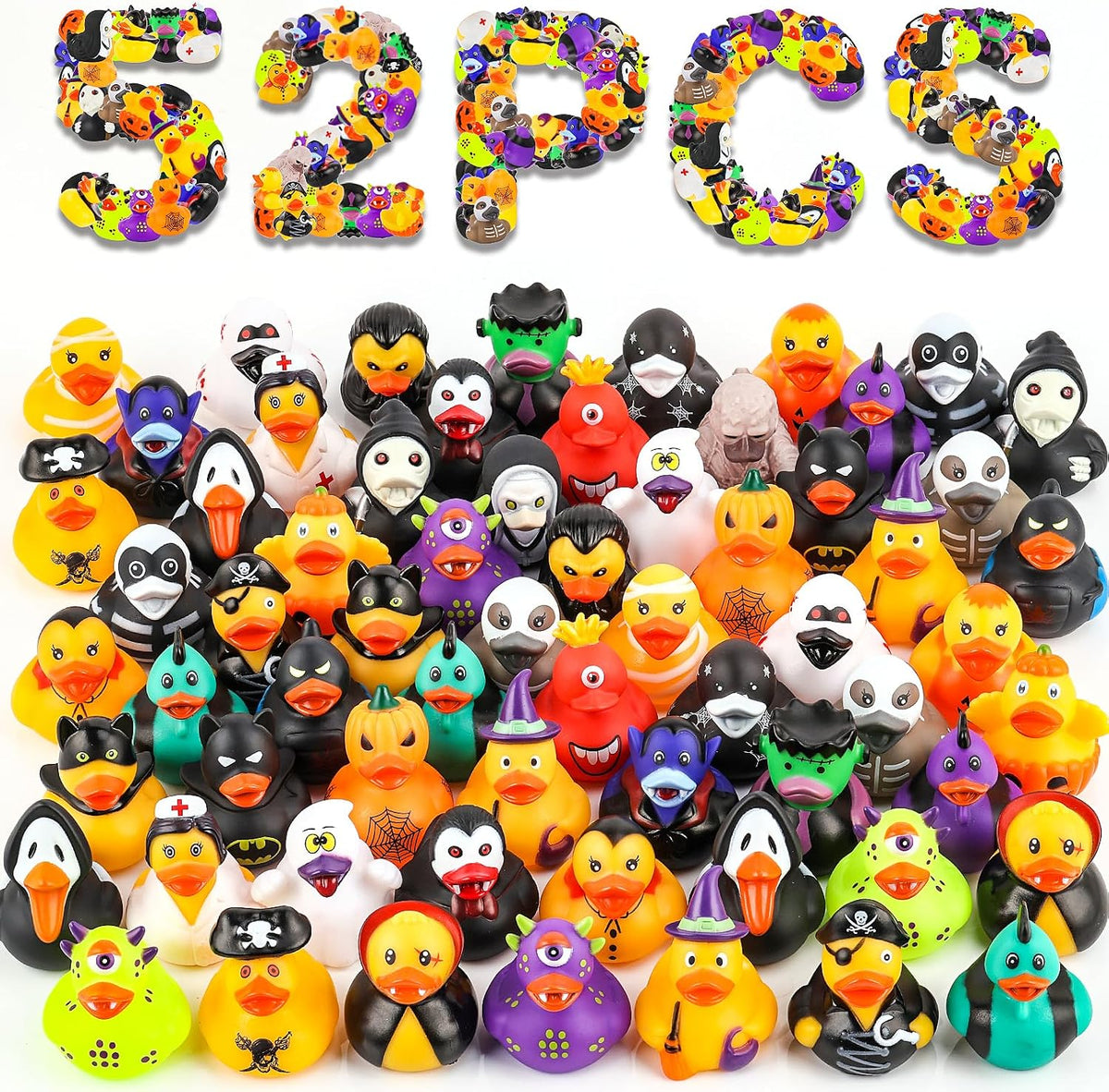 DMSKY 52 Pcs Halloween Rubber Ducks in Bulk, Assorted Styles – Fun for Kids & Family - Pack of 52