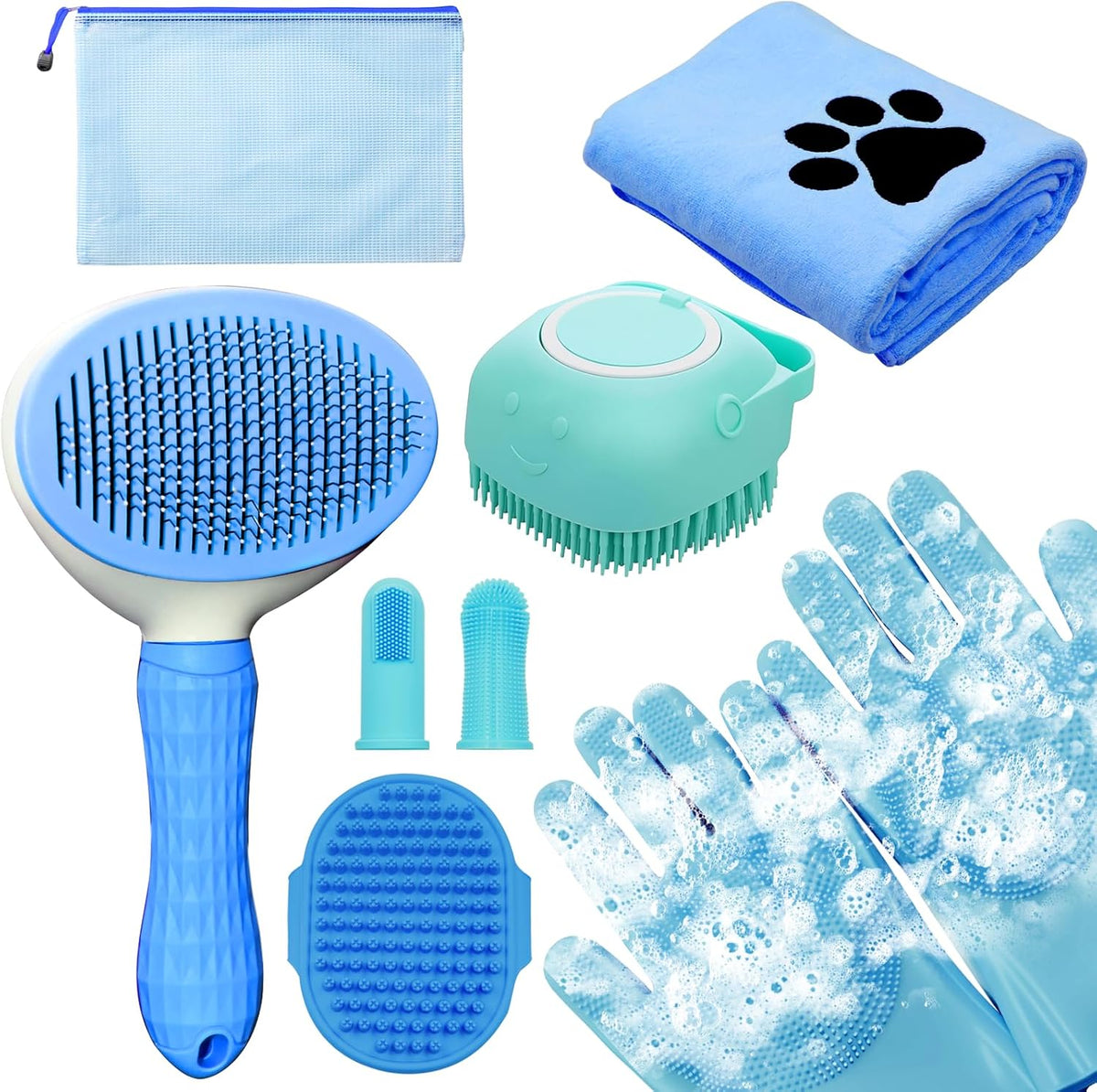 Dog Grooming Kit for Shedding, Bath Gloves - 8 PACK / Blue