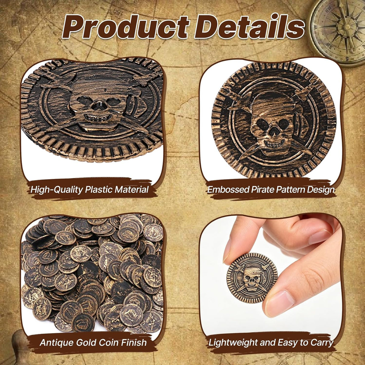 Geodurn 100 plastic pirate gold coins with embossed pirate design - view 5