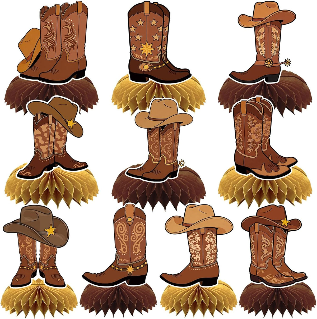 10 Pcs 80s Party Decorations, 1980s Table Honeycomb Centerpieces – Fun for Kids & Family - Western Cowboy Boot Style
