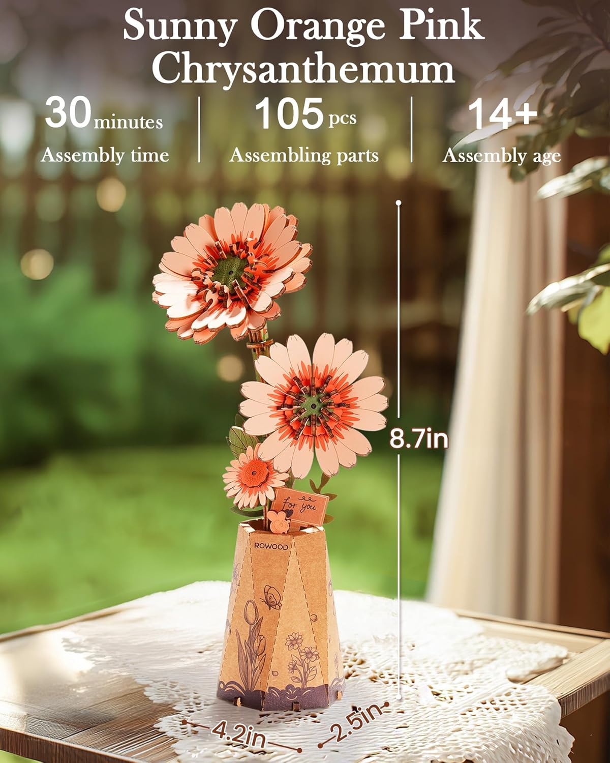 rowood 3D Puzzles for Adults - Orange Gerbera Daisy - image 3