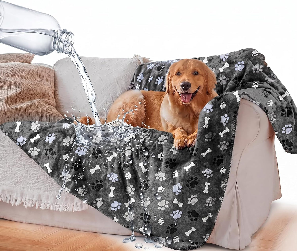 Grey waterproof dog blanket with bone and paw print pattern, 40 by 30 inches - view 3