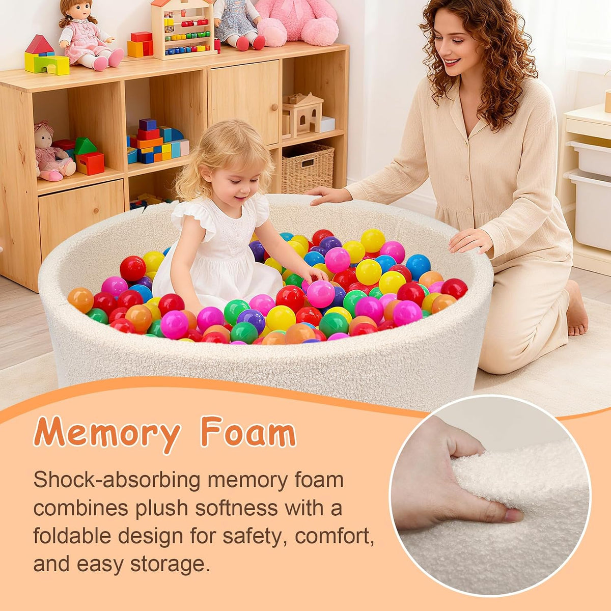 MEOGETY beige teddy fleece foam ball pit for toddlers with soft round walls - view 26