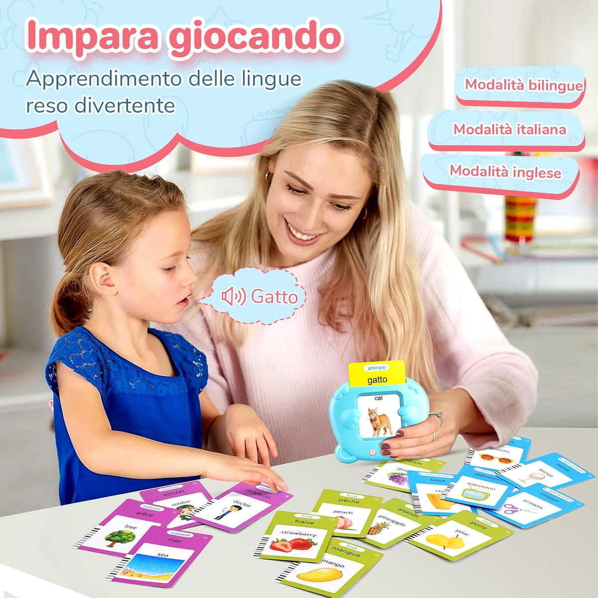 Spanish & English Talking Flash Cards for Toddler - Blue / Italian & English (224 Words) - image 3