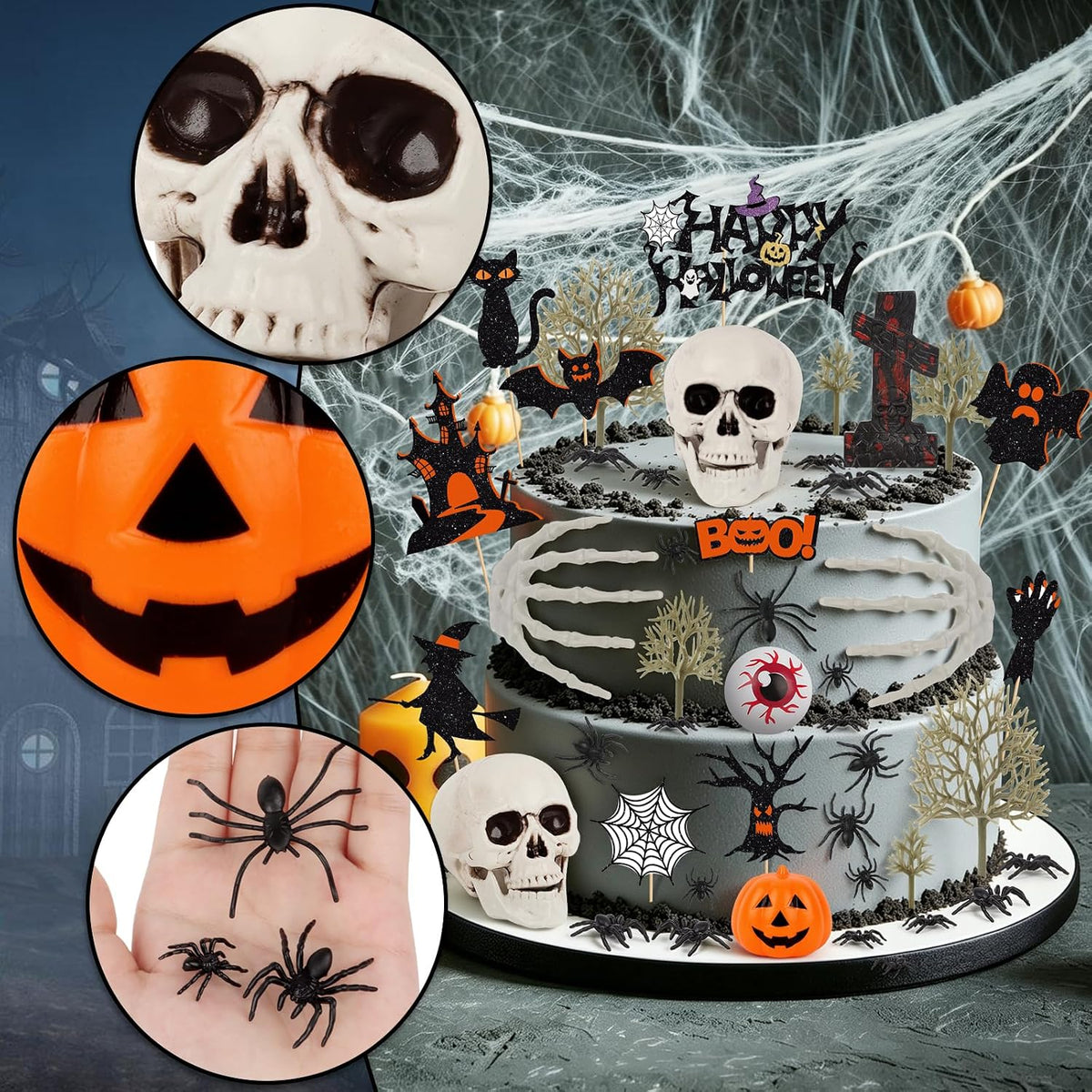 44PCS Halloween Cake Toppers with Spider Bat Castle Pumpkin Skull - Halloween - image 4