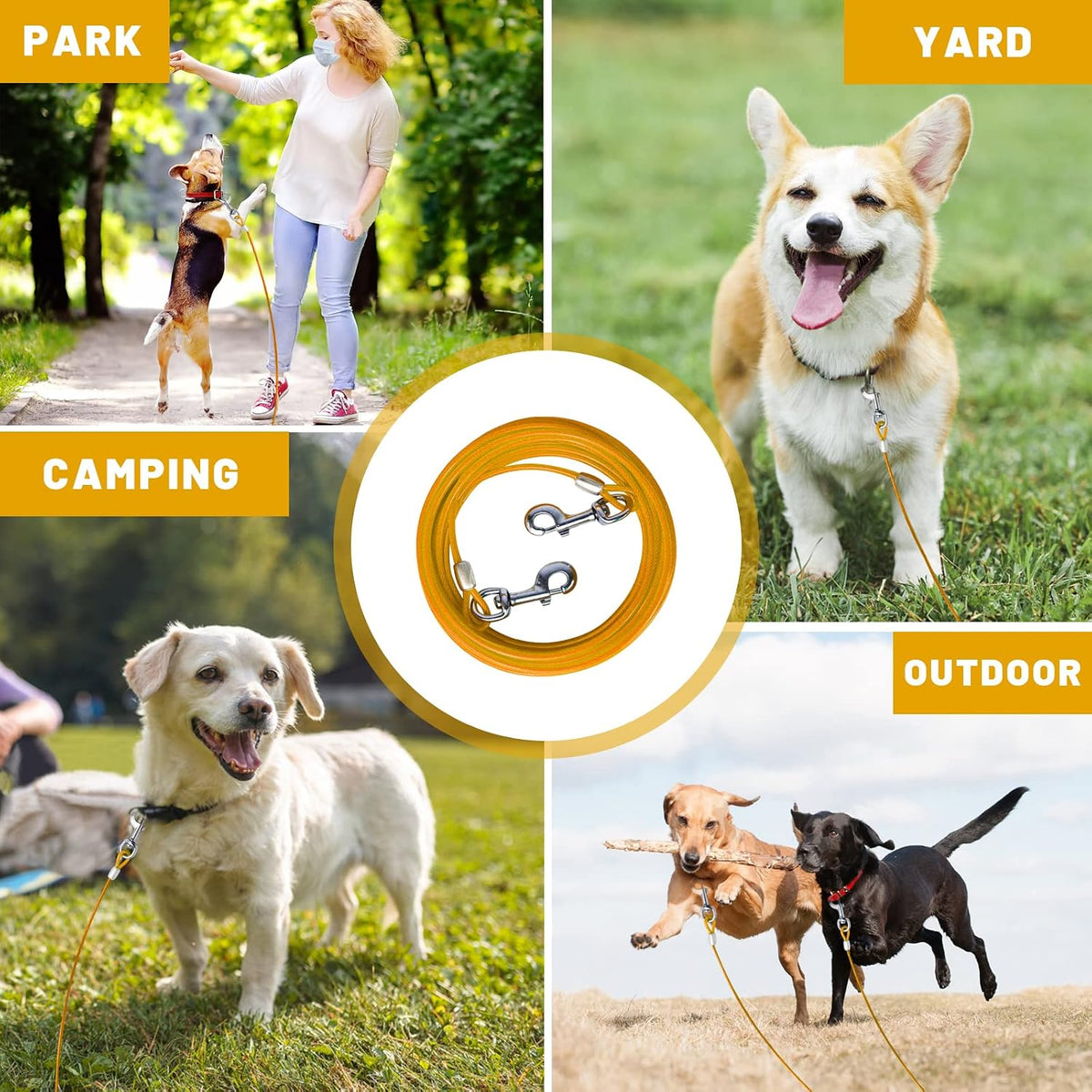 Dog Tie Out Cable, Dog Runner Cable – Essentials for Dogs - 30FT / Yellow - image 2