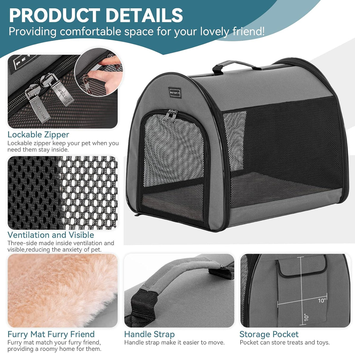 PETSFIT Portable Dog Crate, Travel Dog Crate, Roomy - Grey / 20.0"L x 20.0"W x 26.5"H - image 2