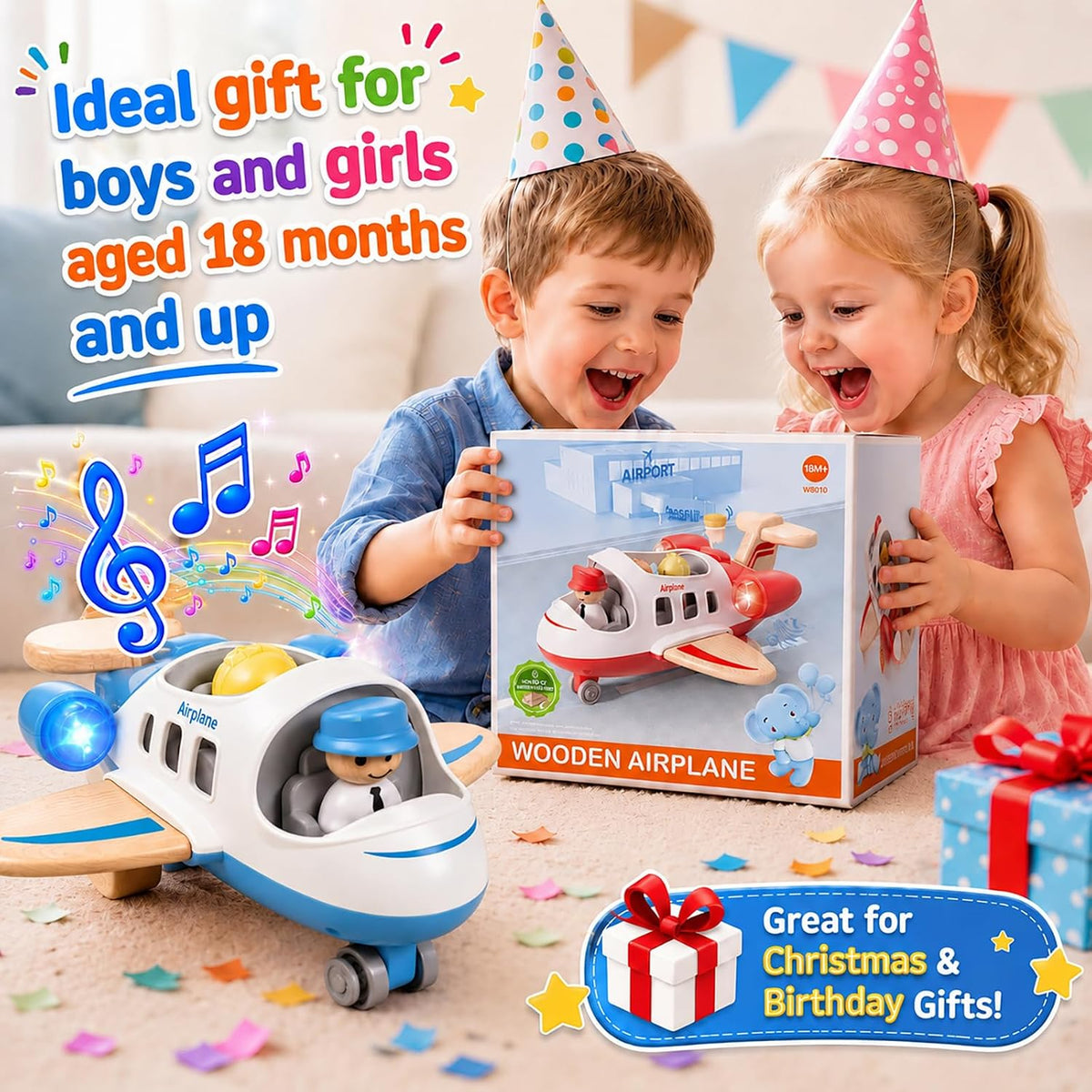 Wanborns kids airplane toy, wooden mini airliner with sound and light - view 7