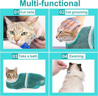Patelai 5 Pcs Cat Bathing Bag Set Cat Grooming Bag Adjustable Pet Shower Net Muzzles Nail Clipper Tick Remover Tool Massage Brush(Green White)