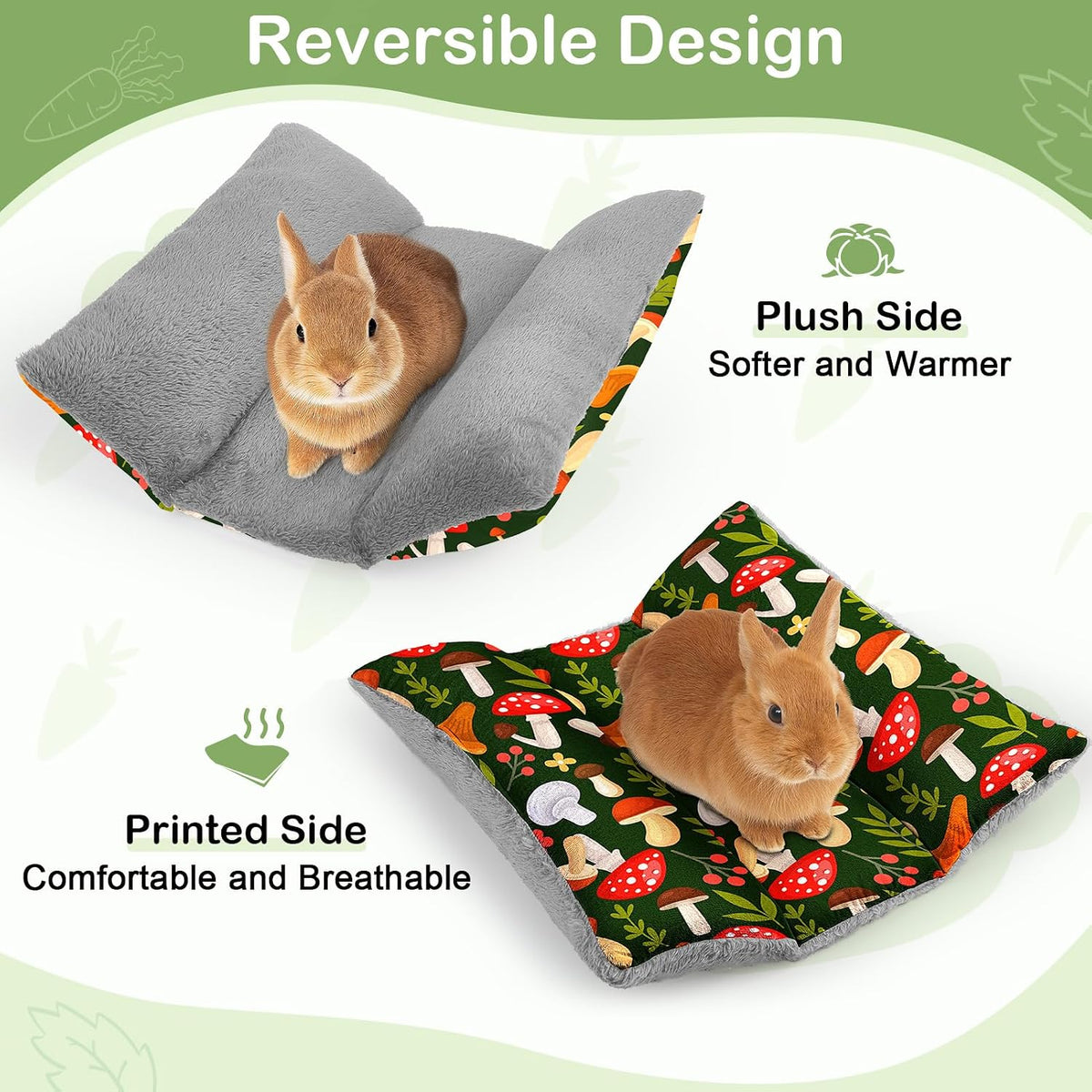 15"x14" Soft Plush Rabbit Bed Washable Cuddle Mat for Small Pets – Daily Care for Small Pets - Green Mushrooms / Large - image 4