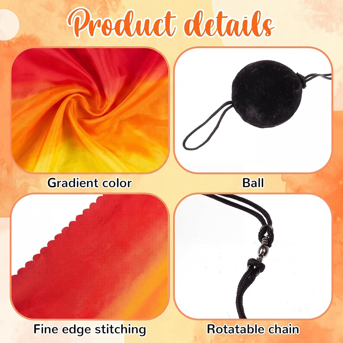 Jenaai silk veil poi set of 4 with black balls and adjustable chains in bright colors - view 29