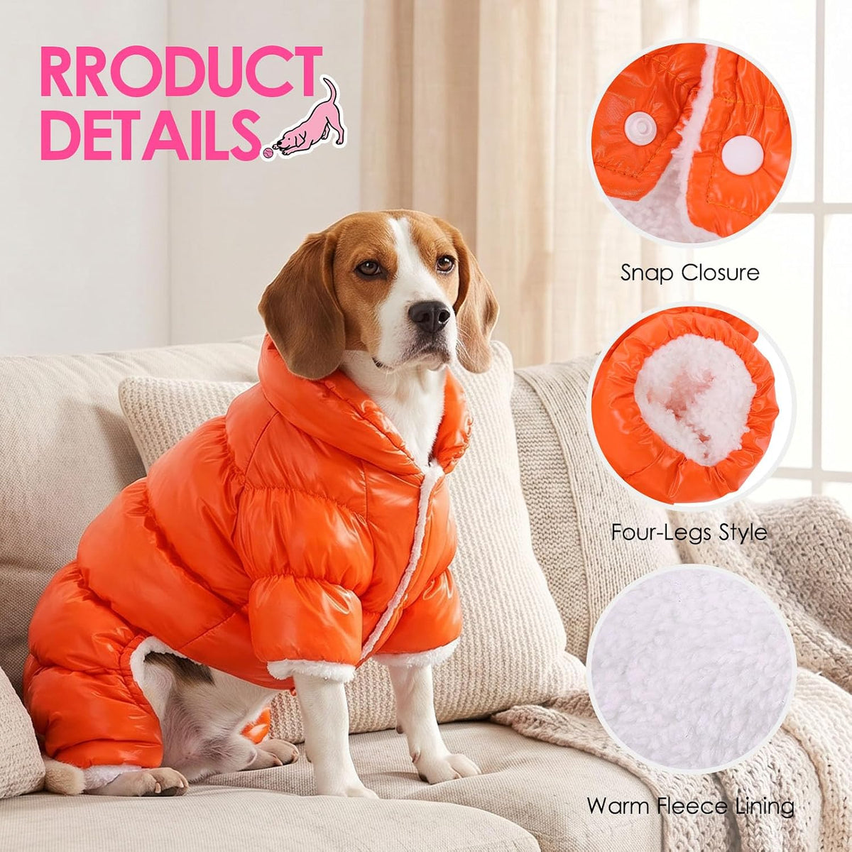 Dog Coat Waterproof Dog Jacket Fullbody Dogs Winter Coat Snowsuit – Essentials for Dogs - Orange / Small - image 4
