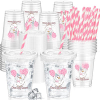 Domensi clear 12 oz Halloween ghost party cups with lids and pink striped paper straws