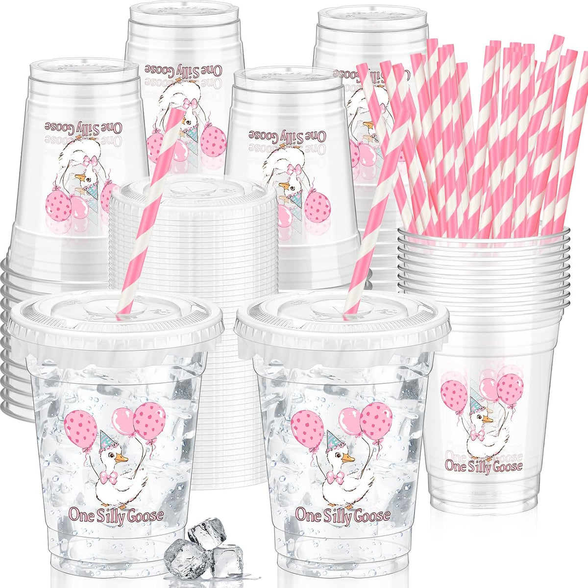 Domensi clear 12 oz Halloween ghost party cups with lids and pink striped paper straws