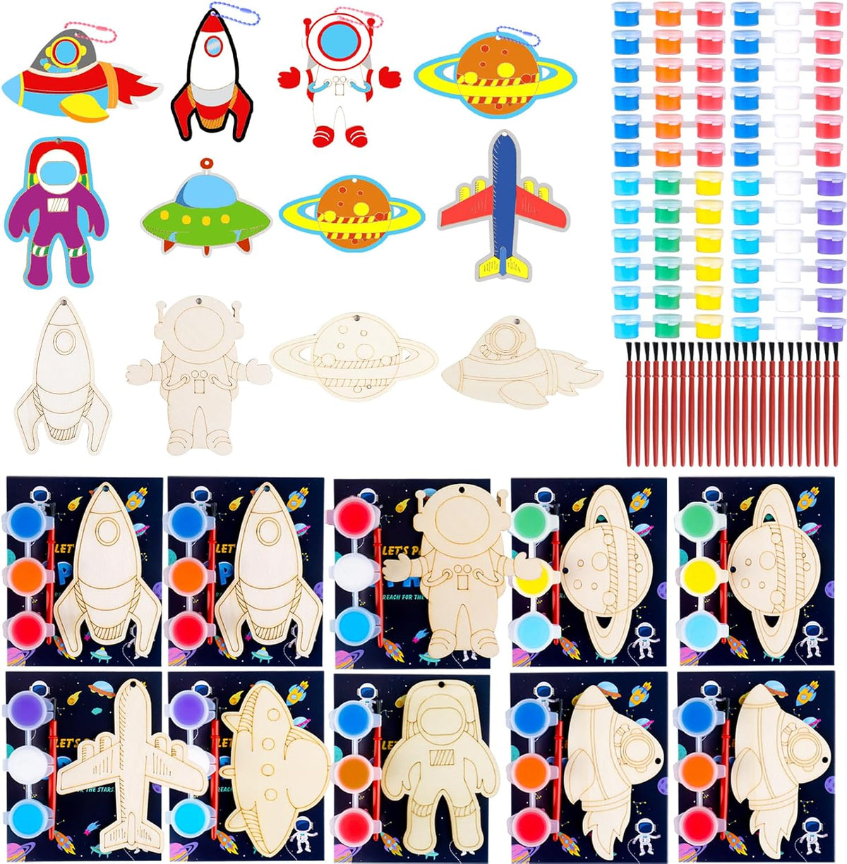 JOTIKO 12 pack space party favors with rocket and astronaut wooden keychains to paint - view 2