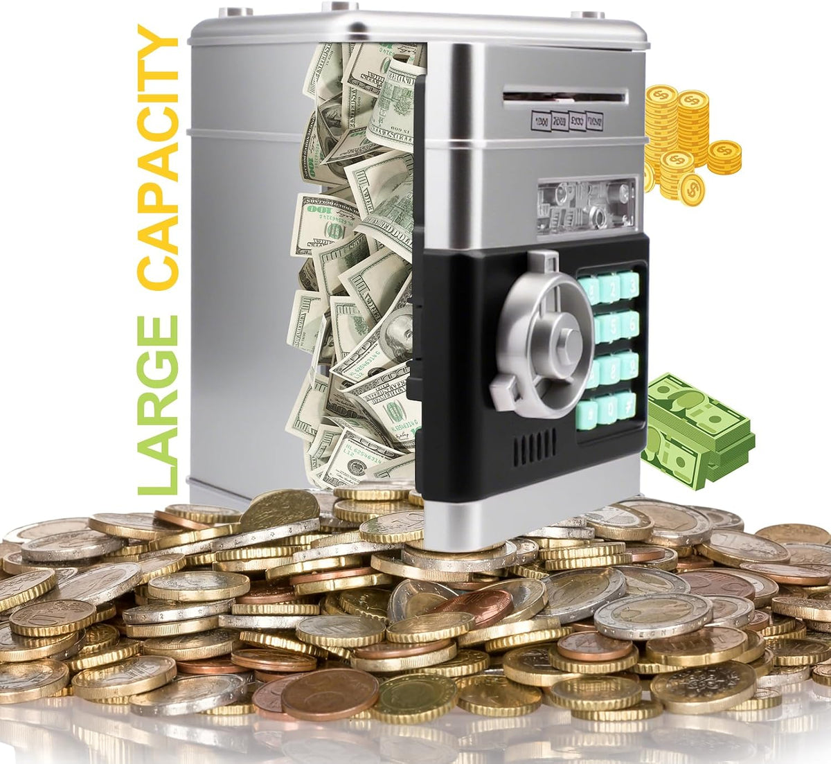Piggy Bank for Kids Girls Boys with Password Code Lock Cash Coin Can - Silver - image 3