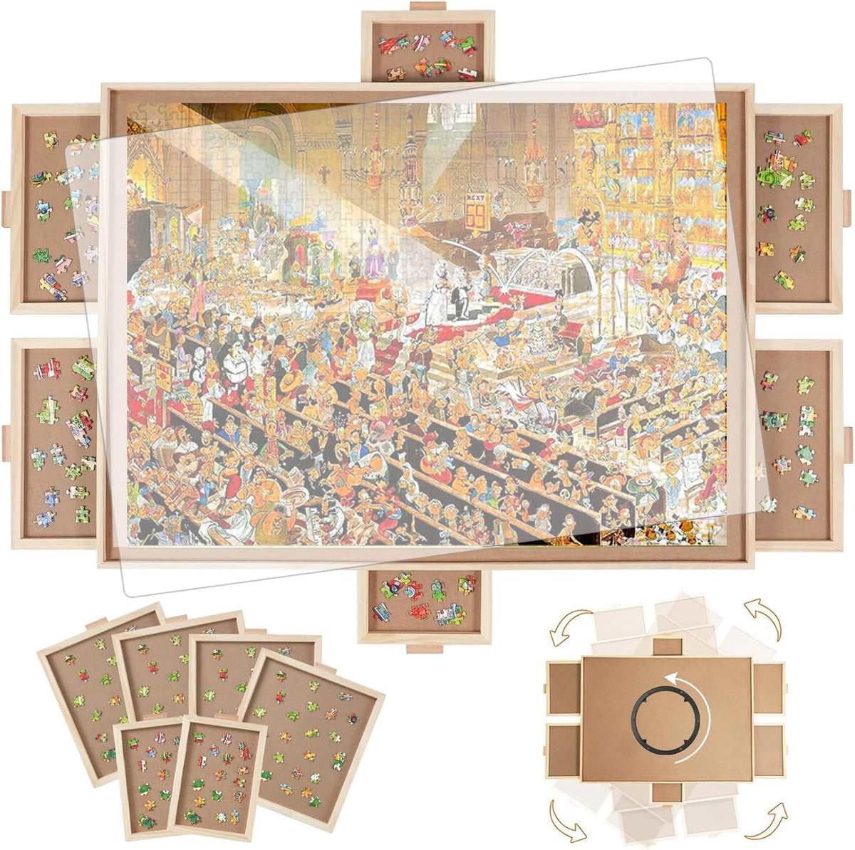 BuilderButler 1000 Pieces Rotating Puzzle Board with 4 Drawers - Wooden-6 Drawers / Small-1000pcs
