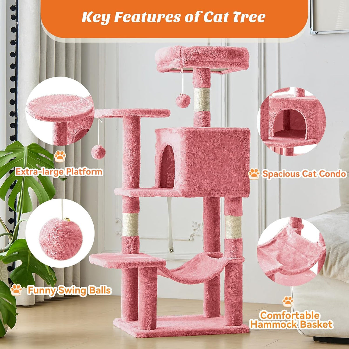 54 Inch Cat Tree Tower with Sisal Scratching Posts, Multi-Level – Essentials for Cats - Pink / 44IN - image 4