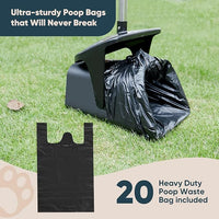 Stainless Steel Dog Pooper Scooper,40" Long Handle Swivel Bin, Rake and Spade,20 Waste Bags & Hook - Heavy Duty Portable Metal Poop Scooper for Large,Medium and Small Dogs