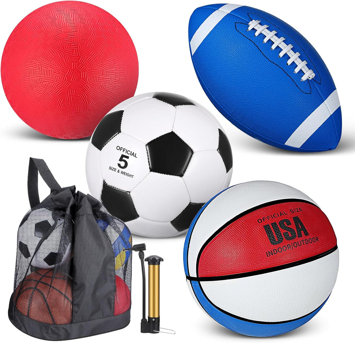 Lenwen sports balls set with basketball, soccer ball, football, playground ball, pump and bag - view 2