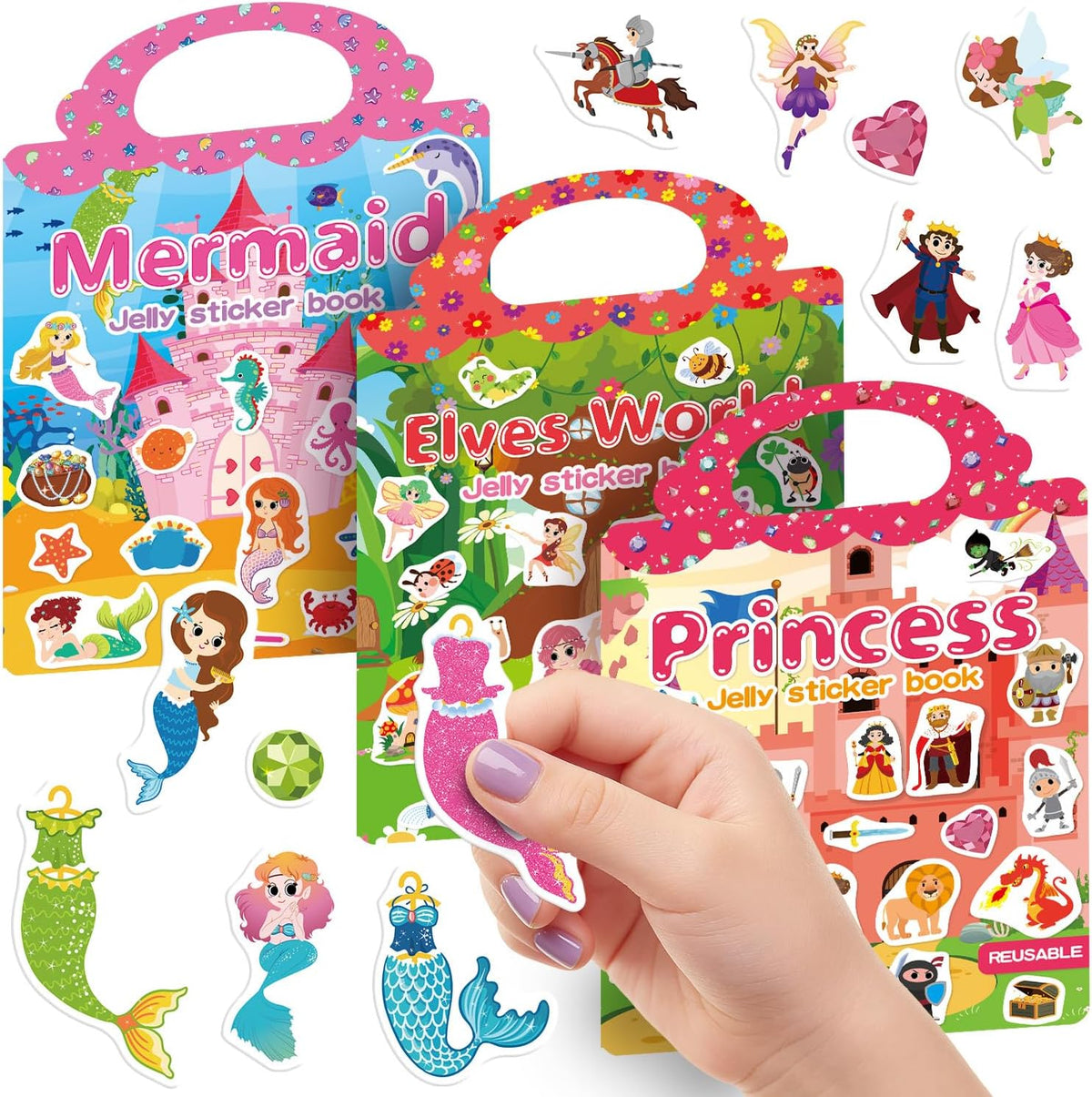 6 Sets Reusable Sticker Book for Toddlers 3-6 - Princess+Mermaid+Elves World