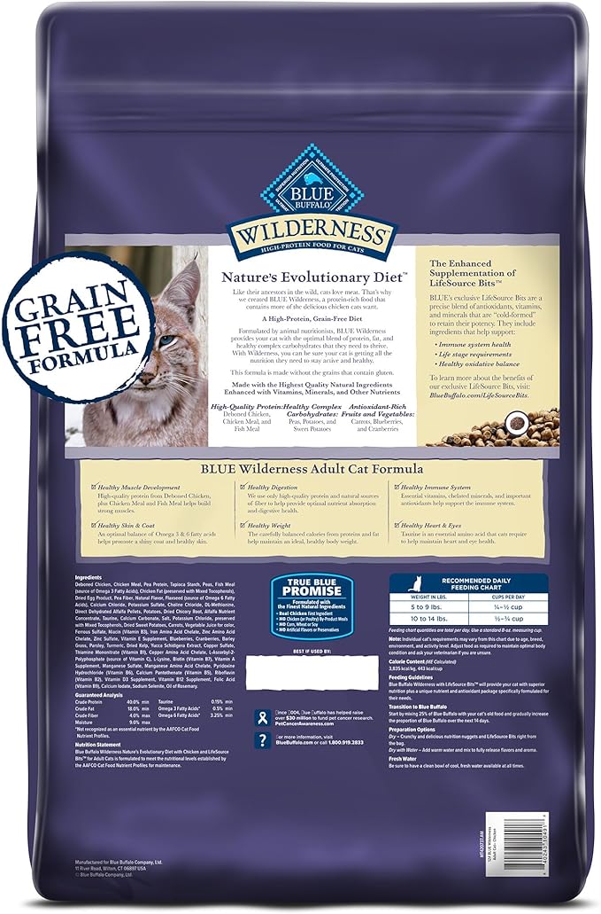 Blue Buffalo Wilderness Natural Adult Dry Cat Food, High-Protein and Grain-Free Diet, Supports Healthy Muscle Development and a Healthy Immune System, Chicken, 12-lb. Bag