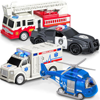 EPPO emergency vehicle toy set with fire truck, ambulance, police car and police helicopter