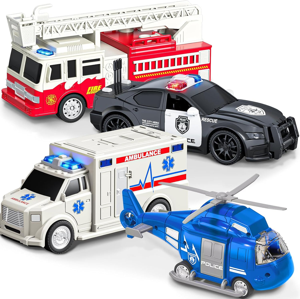 EPPO emergency vehicle toy set with fire truck, ambulance, police car and police helicopter