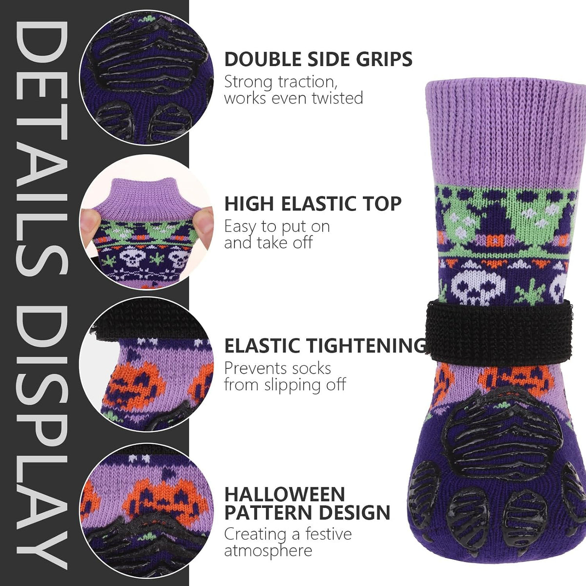 Anti Slip Dog Socks to Prevent Licking Paws with Grippers Black – Essentials for Dogs - Halloween Purple / Small - image 3