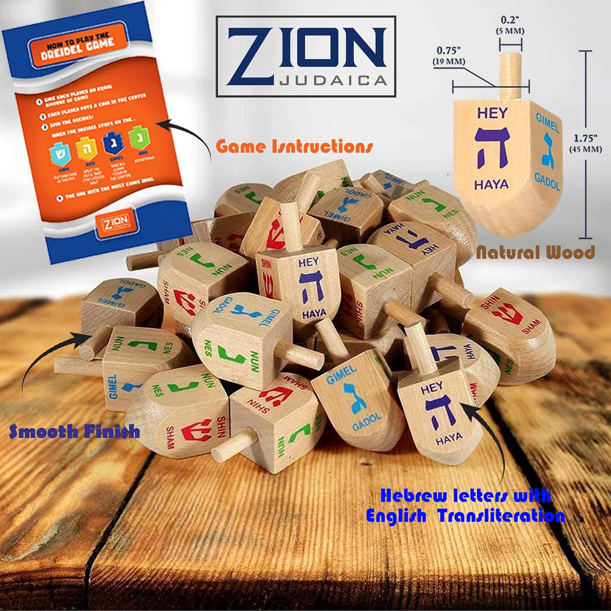Zion Judaica natural wood Hanukkah dreidels, 10 pack with Hebrew letters - view 3
