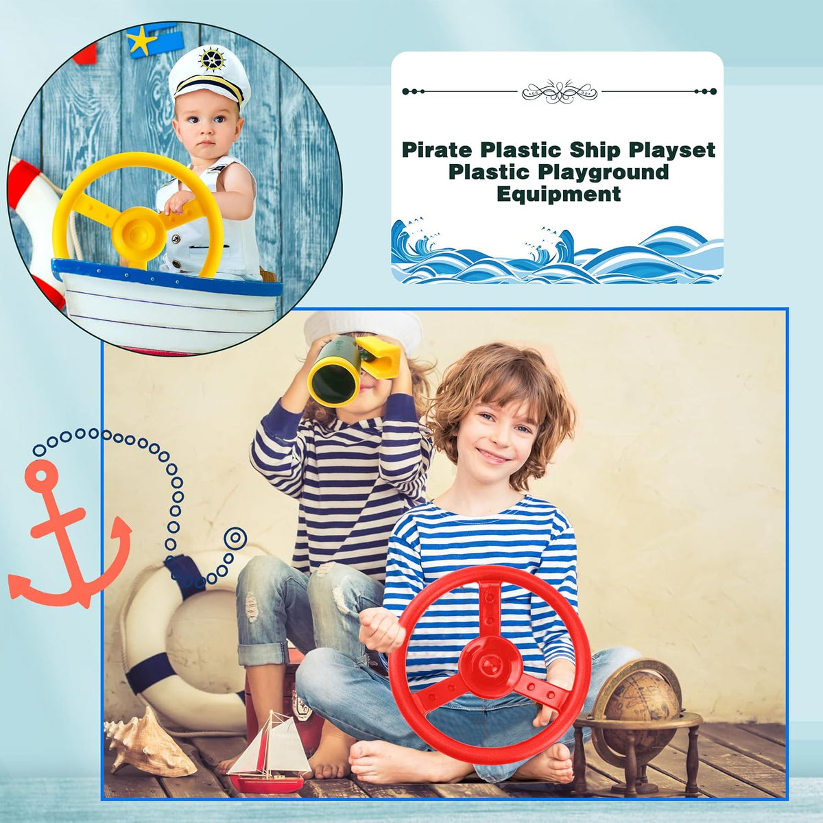 Haconba plastic pirate ship steering wheels for playsets in blue and red with mounting hardware - view 21