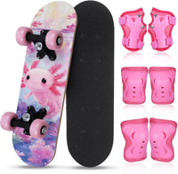 Honoson kids skateboard set with dinosaur print maple deck and black knee pads, elbow pads and wrist guards