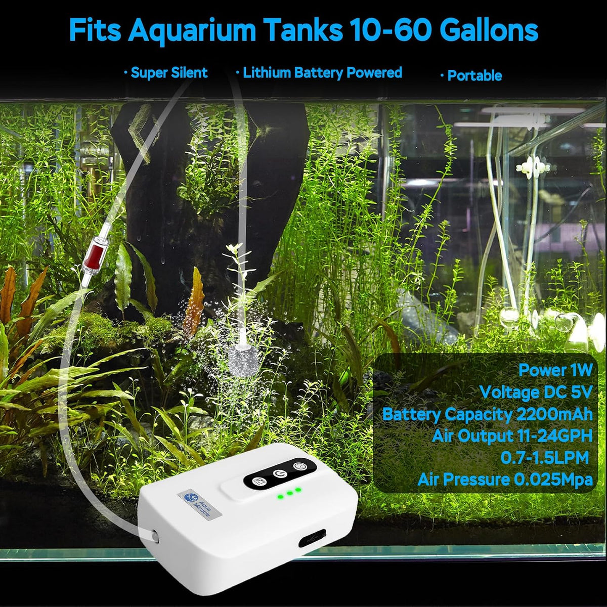 AquaMiracle Lithium Battery Powered Portable Aquarium Air Pump - For Tanks up to 60Gal - image 2
