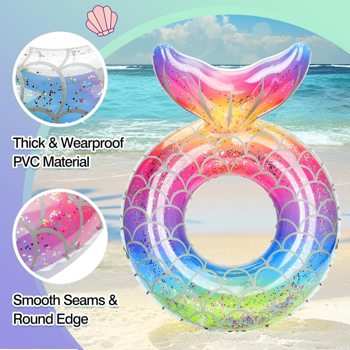 MoKo Pool Floats, Mermaid Inflatable Swim Tubes Floaties – Fun for Kids & Family - Rainbow Silver Scales / 90# - image 3