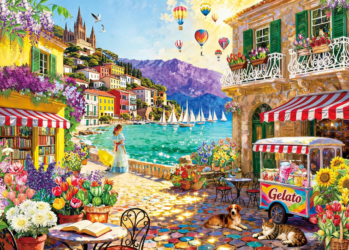 1000 Piece Jigsaw Puzzle, French Riviera Flower Market - Coastal Town