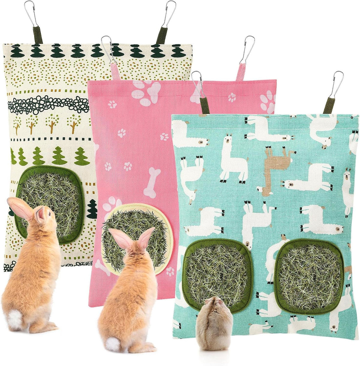 UPINS 3Pack Guinea Pig Hay Feeder Bag - Blue White Pink