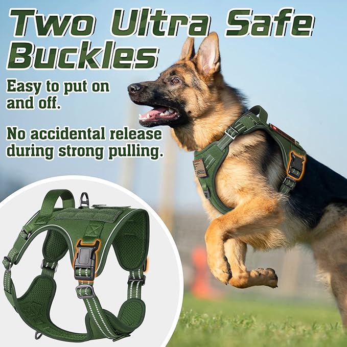 rabbitgoo Tactical Dog Harness for Large Dogs, No Pull Military Service Vest with Handle & Molle, Easy Control for Training Walking, Adjustable Reflective Straps, Green, XL