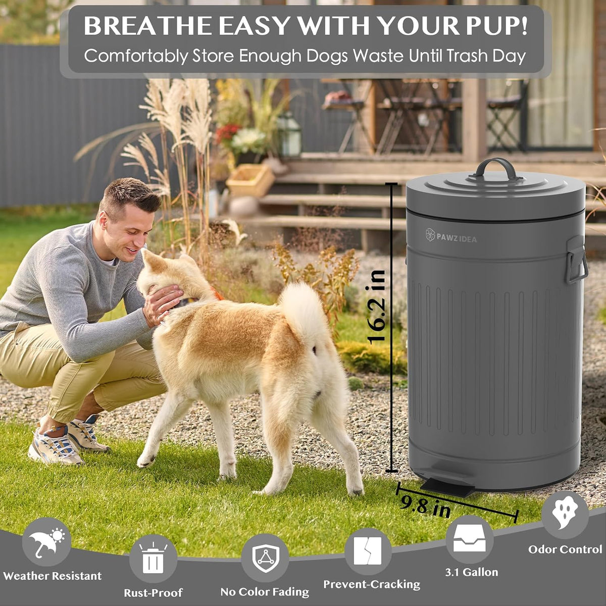 Dog Poop Trash Can Outside Odor Control, Waterproof - Slate-Stone Grey 1-Pack - image 4