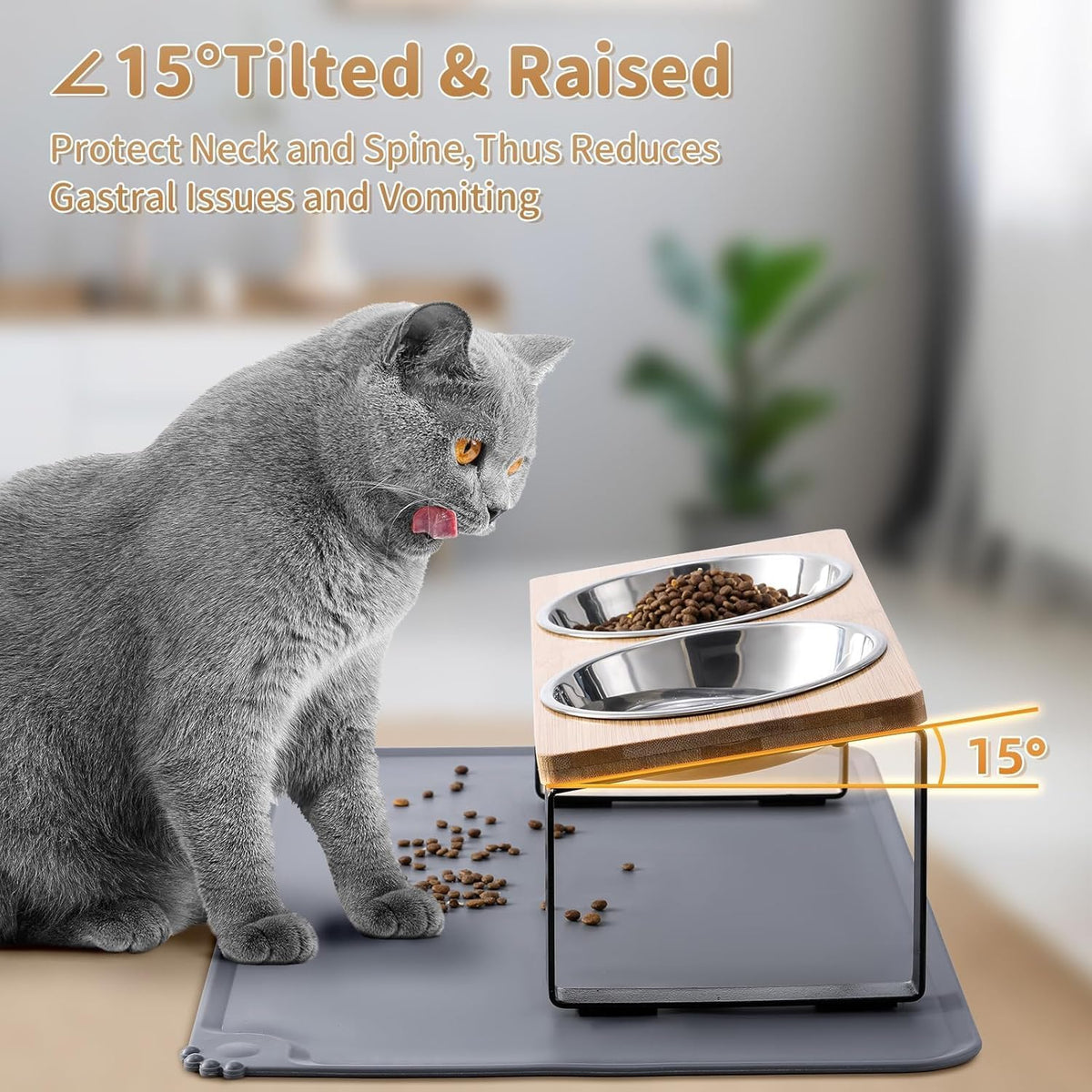 Upgraded Elevated Cat Bowls with Food Mat - Bamboo-2Bowls(2Pack) - image 2