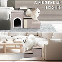 Dog Steps for Bed and Couch, 17”H Foldable Dog Stairs for Small Older Dogs Cats, Adjustable Pet Cat Stairs Ramps with Storage with Condo, Scratcher, Hold Up to 180LBS, Pet Cat Steps Beige