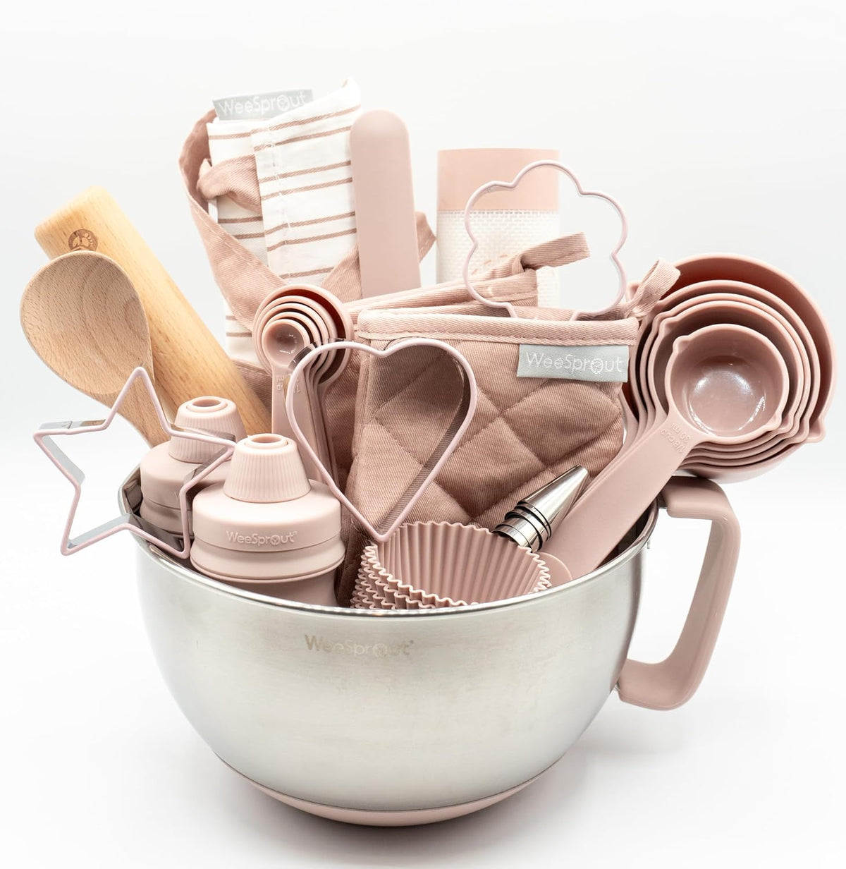 WeeSprout kids baking set in green with apron, oven mitts, rolling pin and cookie cutters - view 6