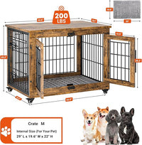 Lulive Dog Crate Furniture, Dog Kennel Indoor Double Doors Wooden Dog Cage, 32'' Heavy Duty Dog Crate with Cushion & Wheels, Decorative End Table Pet House Chew-Resistant for Medium/Small, Brown