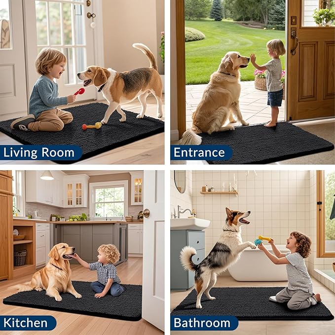 Smiry Dog Door Mat for Muddy Paws 47x32, Absorbs Moisture and Dirt Doormat, Non-Slip Washable Quick Dry Chenille Front Door Mat Indoor Entrance, Entryway Carpet for Inside Floor, Black