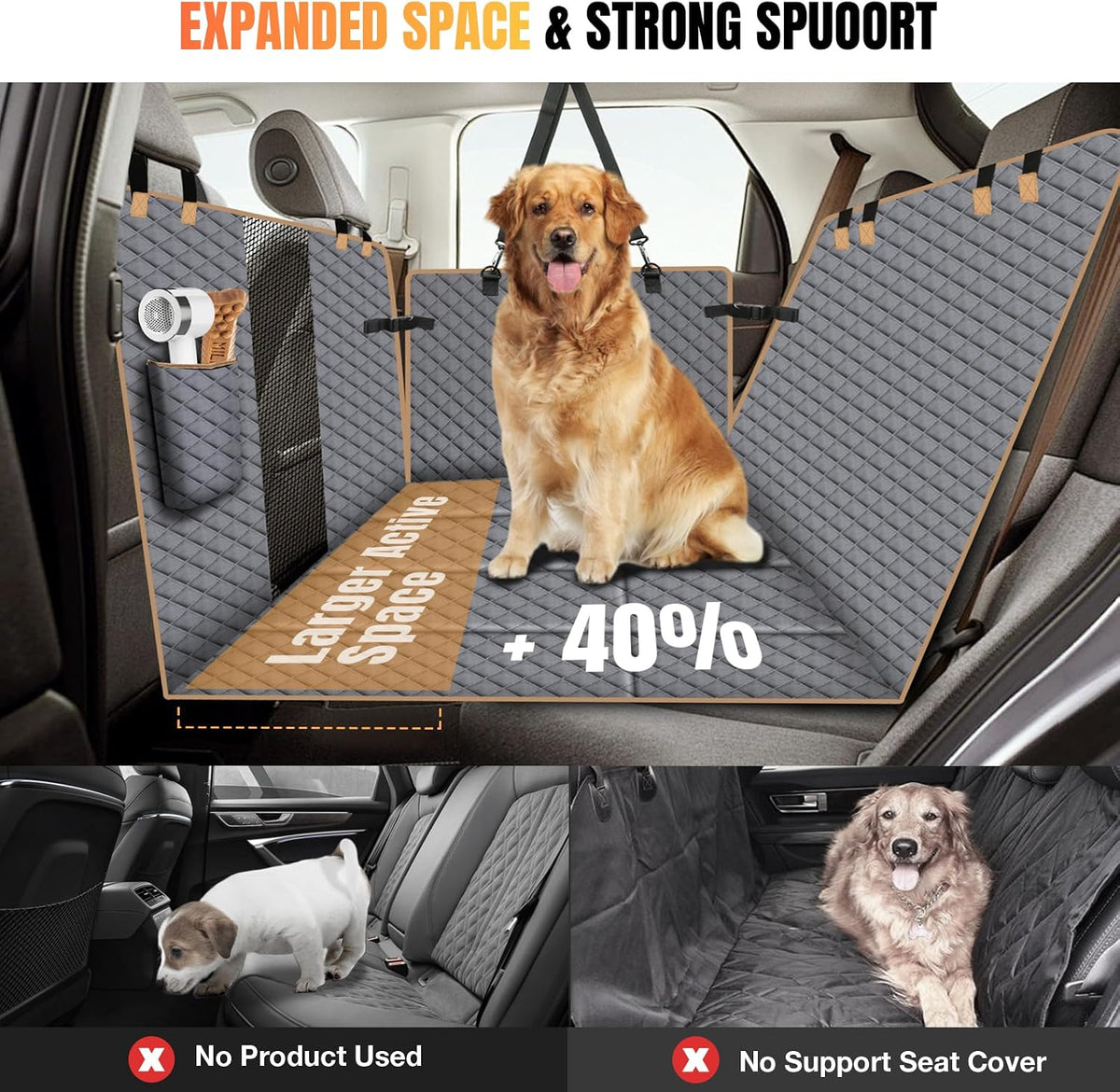 Hard Bottom Dog Car Seat Cover for Back Seat, Holds 420lbs - For Cars/ Mid-Size SUV/ Small Truck / Gray - image 3